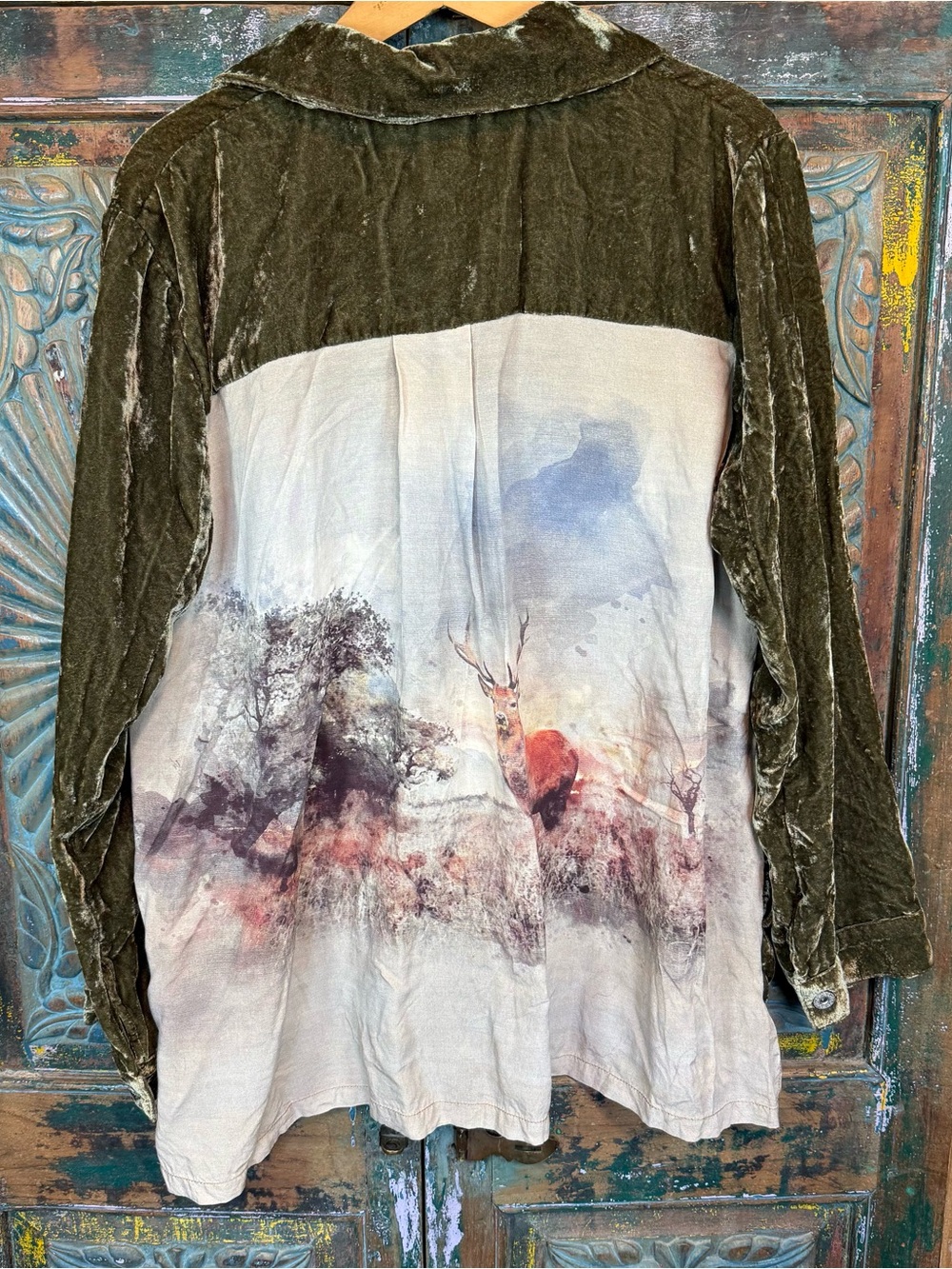 Aratta deer art shirt Olive green velvet boho artwear